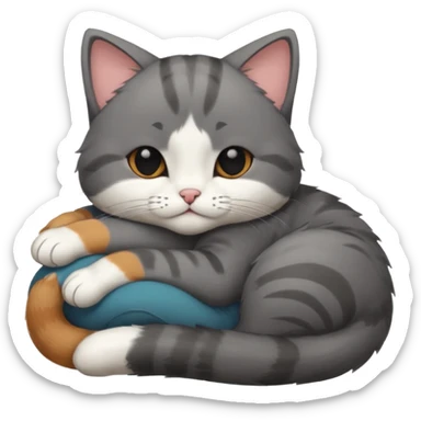 dark grey and white small cat with his eyes closed, leaning his head on his paw while leaning on his elbow lying down sticker