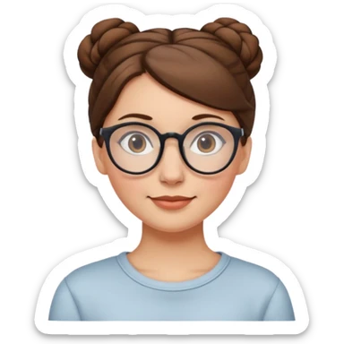 white European woman with brown hair in a bun, wearing glasses, friendly sticker