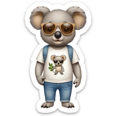 anthropomorphised koala in a 'Go' t-shirt and jeans with dark sunglasses walking upright, relaxed pose sticker