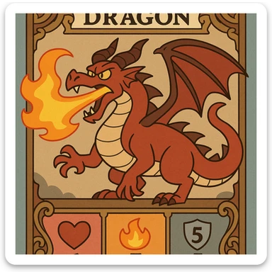 fantasy trading card showing a majestic fire-breathing dragon with stats for health, fire, and armor included, intricate card frame, rich textures, bold colors, epic and dramatic style sticker