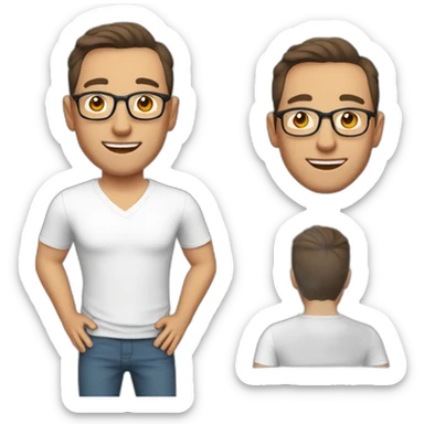 Middle aged gay male with brown hair, round glasses, earrings,silver necklace,smooth shaven sticker