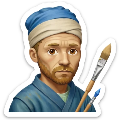 van gogh paints on a canvas. his ear is bandaged. sticker