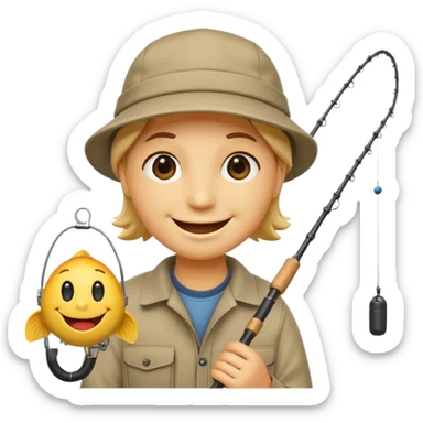 smiley face holding a fishing pole and wearing a fishing cap sticker