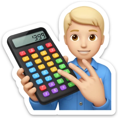 3D iPhone style emoji of a person using a calculator, finger pressing colorful buttons, digital display showing numbers, isolated on white background, soft shadows, high detail, playful and cute. sticker