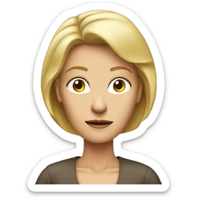 blond middle aged woman with a very long neck and serious looking sticker