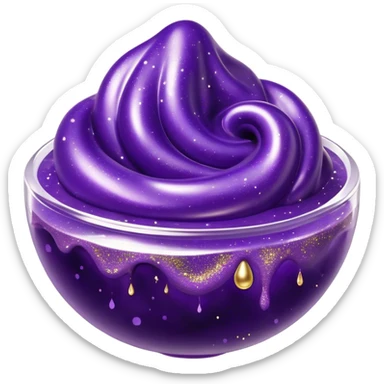 Cinematic Realistic Shiny Slime Mixed with Glitter, thick and glossy with swirling metallic flecks suspended inside, a dynamic mix of deep purple and golden sparkles, light catching every shimmer, flowing smoothly with realistic folds and ripples, glowing with an enchanting, almost liquid-metal effect. sticker