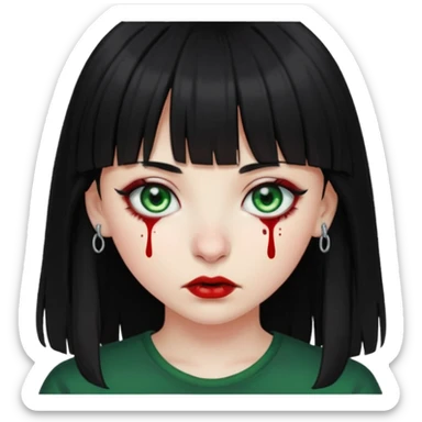 Guria com cabelo preto franjinha sangrando olhos verdes  fundo preto e um piercing bridgepiercing sticker