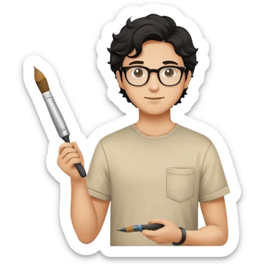 Young caucasian man with black wavy hair, round glasses, beige painting shirt, holding a square paintbrush sticker
