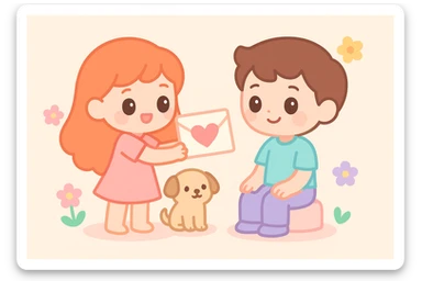 A red-haired girl giving a boy a handmade love letter, with flowers and a cute dog nearby. sticker