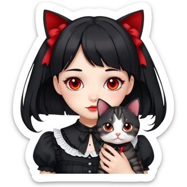 girl wearing black Lolita style dress, with medium-length black hair with red tips, and a black American Shorthair tabby cat sticker