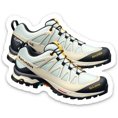 Minimalist iOS-style emoji of white Salomon XT-6 Gore-Tex shoes positioned as a pair with one behind the other, simple clean lines but recognizable technical hiking shoe details sticker
