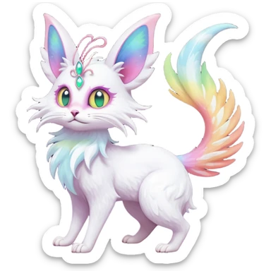Pure-snow-White albino iridescent with pastel rainbow-gradients-color-markings with swirly patterns butterflies  faerie-Noivern-Noibat-Purloin-Torracat-Lykoi-Caracal-cat-Fakemon-fusion-hybrid-creature-scared sticker