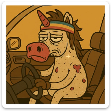Place a dirty, crumpled unicorn with bags under its eyes, a drooping horn, and a bright shiny headband behind the wheel of a car in a cartoon style. Maintain the cartoon style and the unicorn's described features. sticker