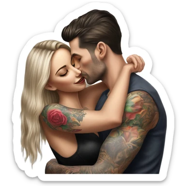 Hyper Realistic beautiful woman in the arms of a very handsome tattooed man kissing on a sofa sticker