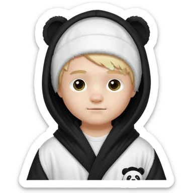 Create a blond boy with long, messy hair, light eyes, a white t-shirt, rich, with long hair, blue eyes, medium-length, voluminous hair, wearing a black Nike bathrobe and a little blush near his nose. and with a panda balaclava, but showing her hair. sticker