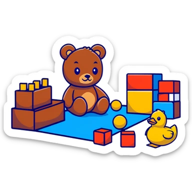 scattered children's toys on floor - teddy bear, rubber duck, blocks, ball, action figures sticker