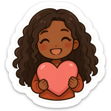 chibi anime black girl with long curly hair, smiling, holding a pink heart sticker