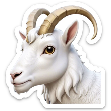 Cinematic Noble White Goat Portrait Emoji, Poised and regal, with a sturdy, agile build and a pristine, smooth white fur accented by gracefully curved horns, deep-set soulful dark eyes, Simplified yet sharp and sophisticated features, highly detailed, glowing with a soft, dignified glow, high shine, intelligent and spirited, stylized with an air of pastoral elegance, focused and attentive, soft glowing outline, capturing the essence of a watchful and confident goat, so majestic it feels as though it could leap out of the screen with effortless authority! sticker