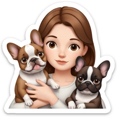 A brown haired girl holding two French bulldogs, one white and one black sticker