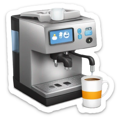 Coffee machine with a mug and a milk container sticker