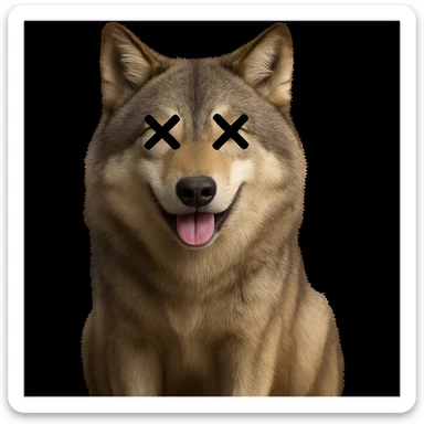 Overlay cartoon X's on the eyes of the wolf, keep everything else 100% identical—pose, style, lighting, and background. Maintain the original style and look exactly as in the reference image. sticker