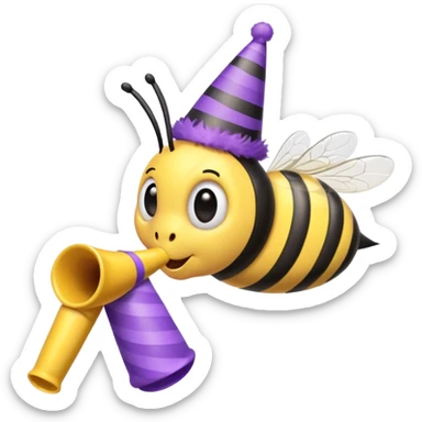 a Bee with purle Birthday Hat, Bee blowing party horn sticker