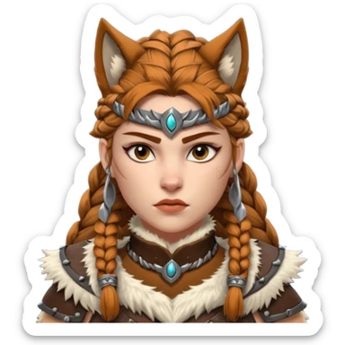 barbarian woman wolf rider portrait, head and shoulders only, fierce female warrior, fur-lined barbarian armor collar, wolf fur details, wild braided hair, intense eyes, tribal warrior vibe, fantasy style, 3D cartoon, mobile game icon style, clean background, no text, no watermark
 sticker