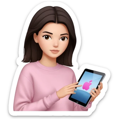 Brunette Kendall Jenner with a light pink sweater holding an ipad sticker