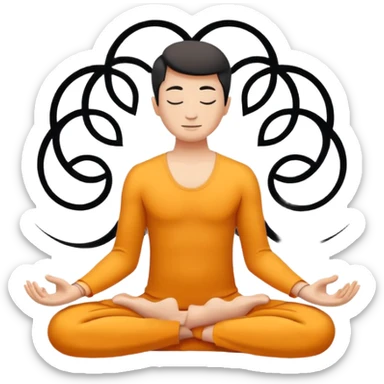 Minimalistic flat vector icon, iOS style, thin black contour on white background. Person in lotus pose with rising spiral energy above. No text, no shadows. sticker