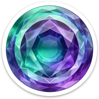 round cut fluorite gem with layered green, purple, and blue hues and holographic shine sticker