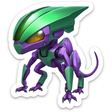 a purple-green Genesect-Raptor-Fakémon—hybrid with a futuristic visor-helmet full body sticker