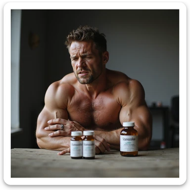 photo realistic crossfit athlete with painful expression, widespread joint problems, holding painful shoulder, visible muscles, vials labeled 'Stanozololo' on the ground nearby, natural light, gym background sticker