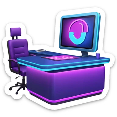 news anchor desk with neon glow effect, blue neon glow on top left, purple neon glow on bottom right sticker