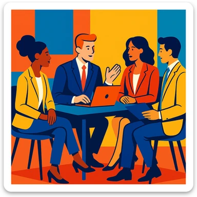 Stylish office team meeting concept with professionals in suits, vibrant colors, and a sleek table sticker