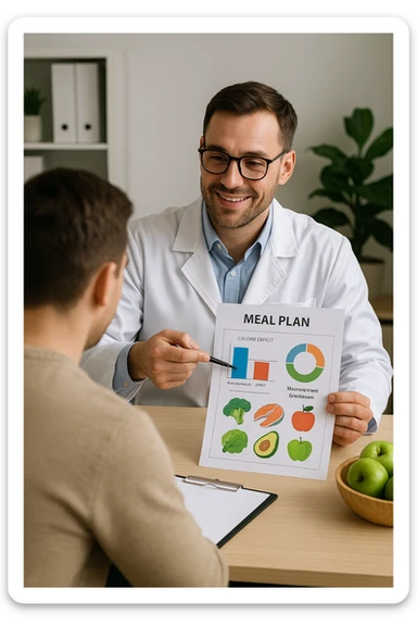 a nutritionist sits at a desk with a client, showing a personalized meal plan and a chart that clearly displays the client’s specific daily caloric deficit. The nutritionist points to the chart, which includes recommended calories, macronutrient breakdown, and healthy food options. The mood is professional, supportive, and educational. in italiano sticker