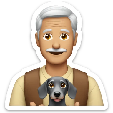 Older man with short grey hair holding a dachshund in his arms sticker