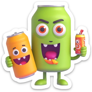 cartoon character strung out on Monster energy drink, wild eyes, jittery, holding a Monster can, 3D emoji style sticker
