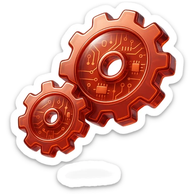 Transform the set into two round gears that are shiny and metallic, all in red color, in glossy circuit style with no background. sticker