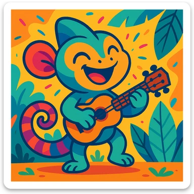 cute animal playing a ukulele, vibrant cartoon style sticker