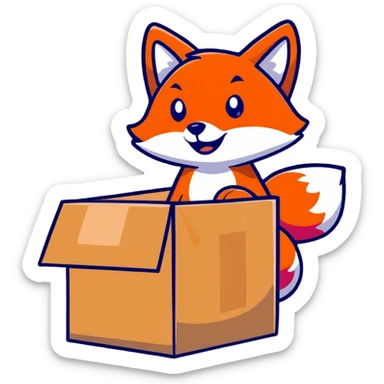 Mischievous fox playing in a colorful cardboard box, kids toy style sticker