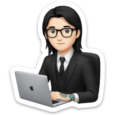 a young man with long black hair, with formal cloth, wearing glasses sitting with a laptop, tattoo inyout arms sticker