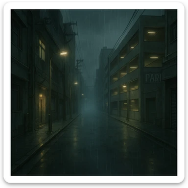 a dark, drab industrial street, dim lights, thick fog and rain. no cars. parking structure. pre-twilight gray. dystopian futurepunk, but the streets are clean sticker