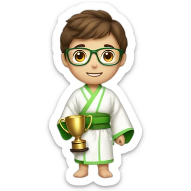 a 12-year-old boy with brown hair and glasses with a prize cup in his hands in a white kimono with a green belt sticker
