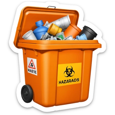 orange BIN WITH "hazardous WASTE" WORD IN IT sticker