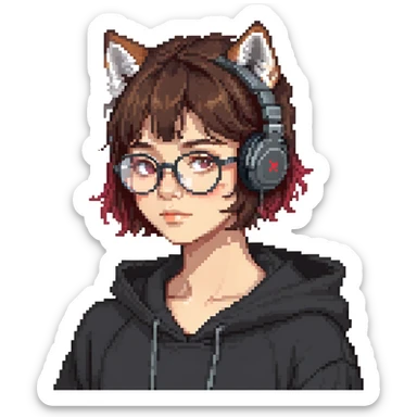 tan brunette girl with a short wolf haircut, round ruby glasses, black headphones, and a black hoodie sticker