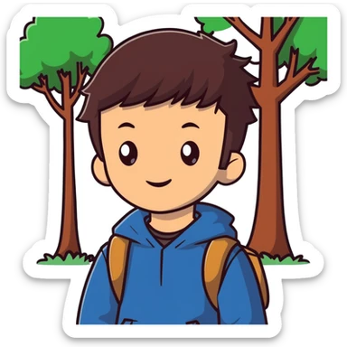 boy with straight brunette hair brown eyes and tree behind sticker