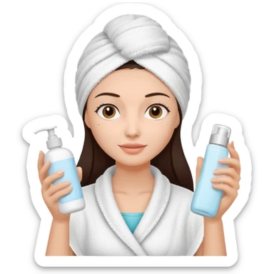 Uma mulher de toalha na cabeça pq ela acabou de sair do banho. A pele é branca/clara e cabelo marrom escuro, cabelo liso.  Ela tá com um hidratante nas mãos,  pq ela vai cuidar da pele sticker