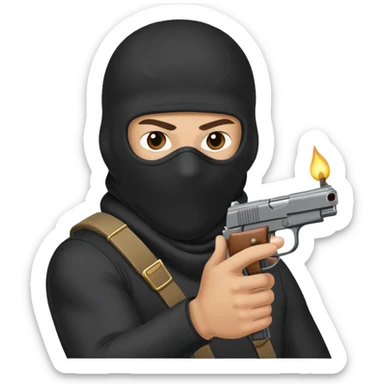 guy in a balaclava shooting a pistol with bullet firing sticker