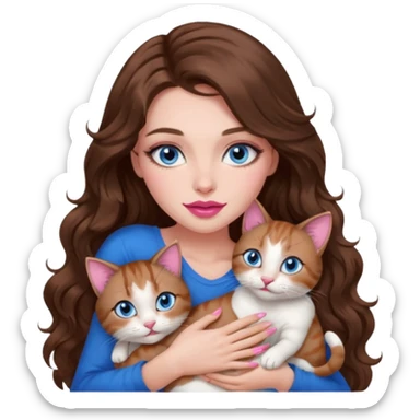 girl with long wavy brown hair, blue eyes, long lashes makeup, sexy pink lips, cuddling with 6 cats sticker