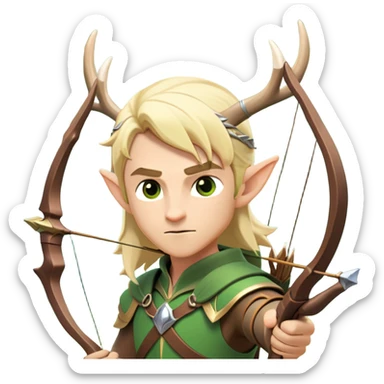 clash-of-clans-aesthetic-blond-male elf-archer-portrait-emoji, rendered in a flat, vector-style with minimal shading and bold holding his bow, simplified shapes, head tilted slightly forward with a determined, focused expression, riding a majestic stag whose antlers glow with mystical energy, set against an ancient, enchanted forest backdrop. sticker